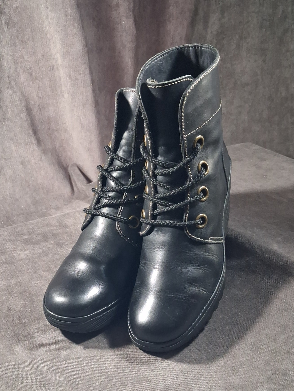 Fly London Yel Black Leather Lace Up Wedge Ankle Boots G- EU 37 US 6.5-7